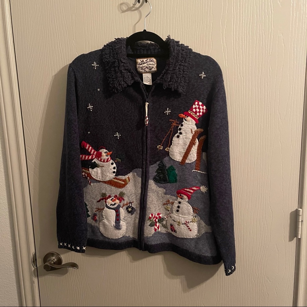 Vintage Christmas Ugly Zip Up Sweater With Snowmen Pearled Embroiderer